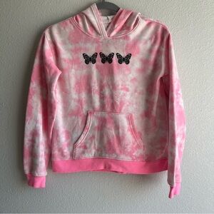 So girls pink and white tie-dye favorite hoodie with black butterfly graphic